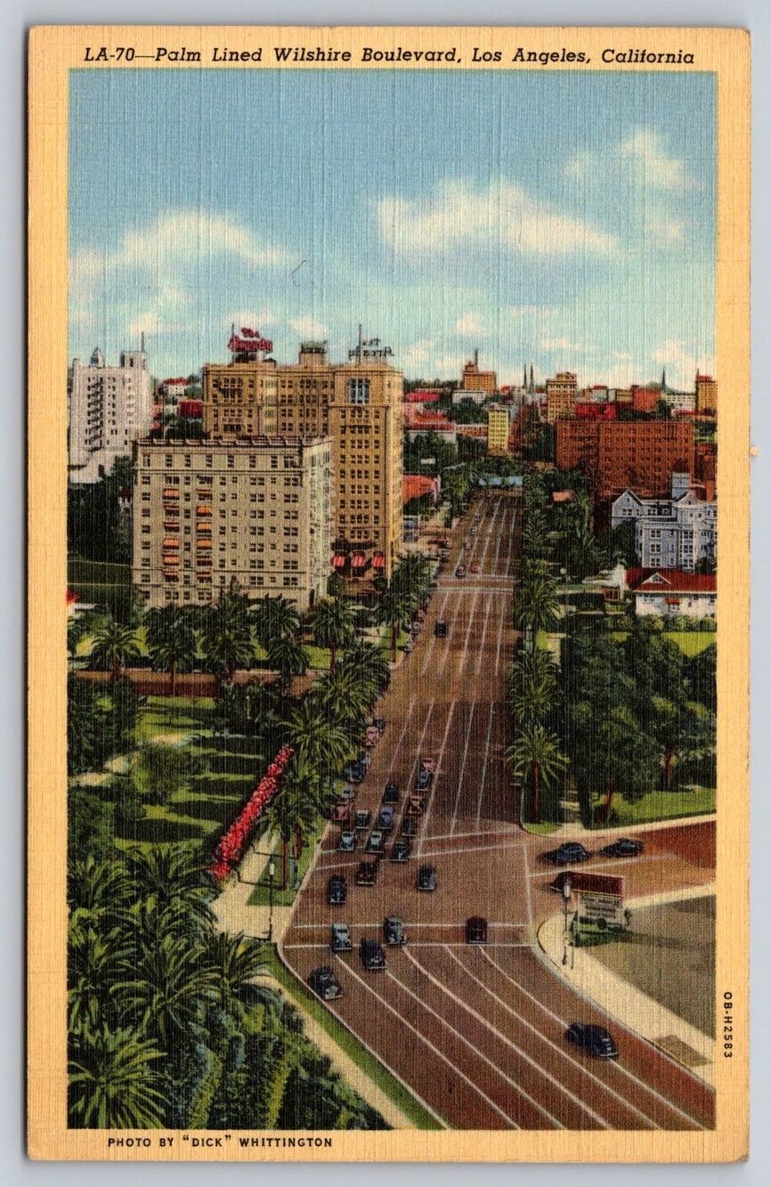Vintage 1940s Los Angeles CA Postcard Palm Lined Wilshire Blvd Dick Whittington